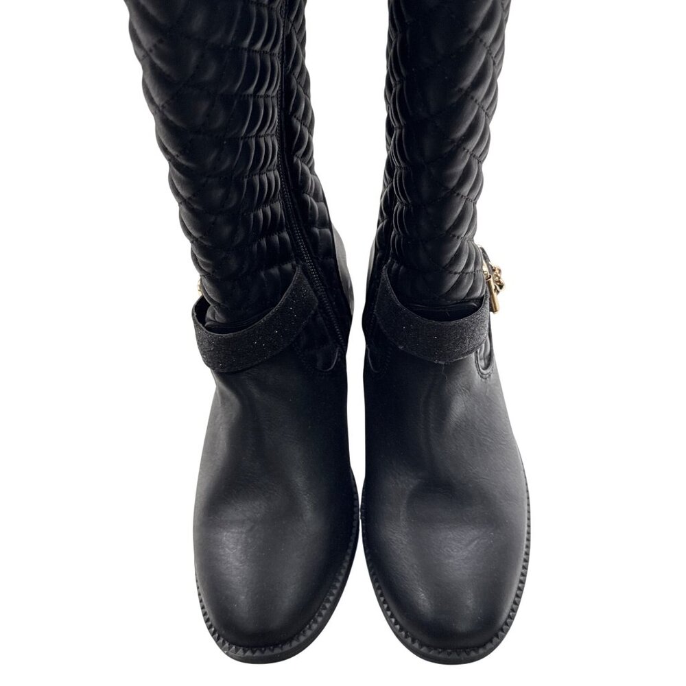 Skechers Girls Black Quilted Knee-High Boots With Gold Buckles & Side Zippers - - Picture 5 of 10